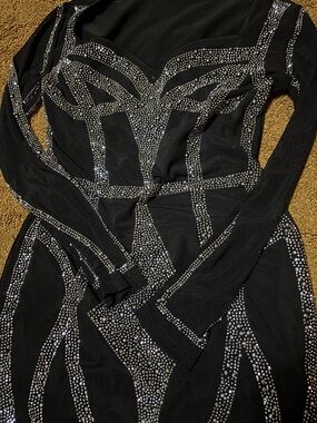 Black Long-Sleeve Rhinestone Mesh Dress